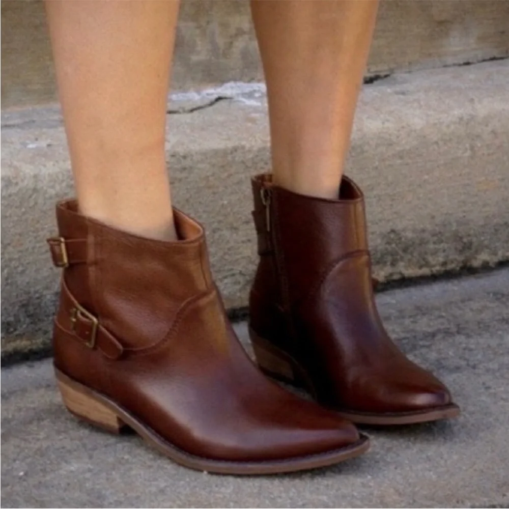 Lucky Brand Caelyn Leather Bootie Brown Double Buckle Western Moto Boho 5.5